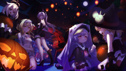 Rule 34 | 5girls, absurdres, bandages, bead necklace, beads, breasts, dress, full moon, genshin impact, ghost, gloves, halloween, halloween costume, halo, hat, high heels, highres, jewelry, keqing (genshin impact), klee (genshin impact), lantern, looking back, lumine (genshin impact), maplefoxy, moon, multiple girls, mummy costume, necklace, night, night sky, open mouth, paimon (genshin impact), pumpkin, qiqi (genshin impact), sky, smile, standing, talisman, twintails, underboob, witch hat