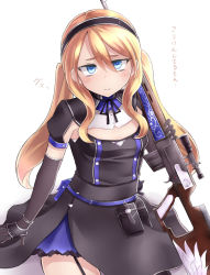 Rule 34 | 1girl, belt, belt pouch, black gloves, blonde hair, blue eyes, breasts, cleavage cutout, clothing cutout, commentary request, dress, elbow gloves, gloves, gun, hair between eyes, hairband, highres, long hair, neit ni sei, original, over shoulder, pouch, revision, rifle, scope, short sleeves, small breasts, solo, tearing up, translation request, weapon, weapon over shoulder, white background