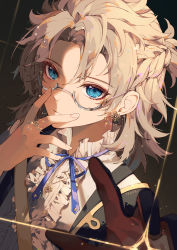 Rule 34 | 1boy, albedo (genshin impact), androgynous, blonde hair, blue eyes, blue ribbon, closed mouth, earrings, genshin impact, glasses, gloves, highres, jewelry, long sleeves, looking at viewer, male focus, ponytail, ribbon, shirt, short hair, short ponytail, smile, solo, white shirt, yeurei