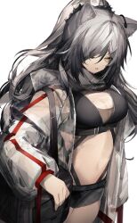 Rule 34 | 1girl, absurdres, animal ears, ankoro mochi, arknights, black scarf, black shorts, breasts, cat ears, commentary, cowboy shot, crop top, grey hair, highres, jacket, large breasts, long hair, long sleeves, looking at viewer, midriff, navel, open clothes, open jacket, parted lips, scarf, schwarz (arknights), short shorts, shorts, simple background, solo, standing, stomach, very long hair, white background, white jacket, yellow eyes