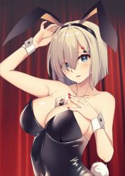 Rule 34 | 1girl, alternate costume, animal ears, between breasts, black leotard, black pantyhose, blue eyes, breasts, card, collarbone, commentary request, curtains, grey hair, hair ornament, hair over one eye, hairclip, hamakaze (kancolle), highres, kantai collection, large breasts, leotard, lips, mimamui, nail polish, one-hour drawing challenge, pantyhose, playboy bunny, playing card, rabbit ears, rabbit tail, short hair, solo, strapless, strapless leotard, tail, wrist cuffs