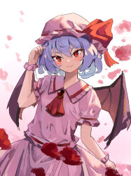 Rule 34 | &gt;:), 1girl, absurdres, arm up, ascot, bat wings, blue hair, blush, bow, brooch, brown wings, closed mouth, collared shirt, commentary, english commentary, frilled shirt collar, frills, gradient background, hair between eyes, hat, hat bow, highres, jewelry, mob cap, pink background, red ascot, red bow, red eyes, remilia scarlet, shirt, skirt, smile, solo, touhou, v-shaped eyebrows, vanilla flan, white background, white hat, white shirt, white skirt, wings, wrist cuffs
