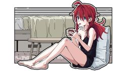 Rule 34 | 1girl, ahoge, barefoot, bed, black camisole, black shirt, blue eyes, braid, burn scar, camisole, cup, highres, holding, holding cup, kazuuchi ataru, looking at viewer, low ponytail, on floor, out of frame, outline, outside border, red hair, scar, scar on chest, shinsougumi, shirt, single braid, sitting, sitting on pillow, solo, spaghetti strap, strap slip, table, tamaya, tongue, tongue out, virtual youtuber, white outline