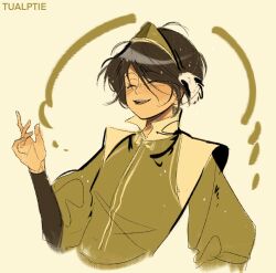 Rule 34 | 1girl, ^ ^, artist name, avatar: the last airbender, avatar legends, black hair, blush, closed eyes, green hairband, green jacket, hairband, head tilt, highres, jacket, open mouth, short hair, smile, solo, toph bei fong, tualptie, upper body, yellow background