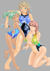 Rule 34 | 3girls, bad id, bad pixiv id, blue eyes, breasts, closed eyes, competition swimsuit, cuddling, flat chest, green eyes, green hair, highres, large breasts, leg between thighs, long hair, lotion, multiple girls, one-piece swimsuit, original, ponytail, puffy nipples, red hair, shiny skin, shoko (moccom), short hair, swimsuit