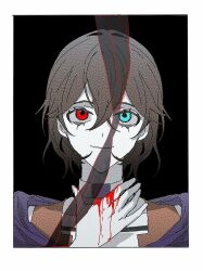 Rule 34 | 1other, androgynous, bare shoulders, black background, blood, blood on hands, blue eyes, border, brown hair, choker, commentary, eyelashes, hair between eyes, hand on own neck, hashtag-only commentary, heterochromia, highres, jacket, kuzu suzumi, len&#039;en, looking at viewer, no headwear, orange jacket, other focus, purple scarf, red eyes, scarf, shirt, shizai tai 1le, short hair, simple background, sleeveless, sleeveless jacket, solo, upper body, white border, white choker, white shirt