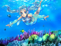 Rule 34 | aqua eyes, aqua hair, bad id, bad pixiv id, bare shoulders, barefoot, detached sleeves, fish, hatsune miku, long hair, necktie, see-through, solo, the starry skies, twintails, underwater, vocaloid