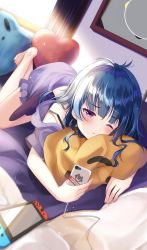 Rule 34 | 1girl, awake, bare legs, barefoot, bed, blanket, blue hair, blush, curtains, depe, game console, heart, heart-shaped pillow, highres, love live!, love live! sunshine!!, lying, messy hair, nintendo switch, on bed, on stomach, one eye closed, pajamas, pillow, purple eyes, solo, stuffed toy, sunlight, tsushima yoshiko, window, wings