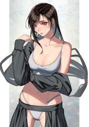 Rule 34 | 1girl, black hair, breasts, clothes pull, earrings, final fantasy, final fantasy vii, final fantasy vii remake, highres, jacket, jewelry, large breasts, long hair, navel, open clothes, open skirt, panties, red eyes, skirt, skirt pull, tank top, temoc, thighs, thong, tifa lockhart, underwear, white panties