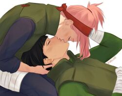 Rule 34 | 1boy, 1girl, artist request, bandaged arm, bandages, black hair, closed eyes, couple, flak jacket, green jumpsuit, hairband, hand on another&#039;s head, haruno sakura, jacket, jumpsuit, kiss, naruto (series), naruto shippuuden, naruto shippuuden, pink hair, red hairband, rock lee, short hair, simple background, white background