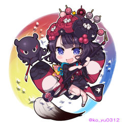 Rule 34 | 1girl, :d, black footwear, black hair, black kimono, blush, calligraphy brush, commentary request, fate/grand order, fate (series), hair ornament, holding, holding paintbrush, japanese clothes, katsushika hokusai (fate), kimono, ko yu, long sleeves, looking at viewer, octopus, open mouth, oversized object, paintbrush, purple eyes, sandals, smile, socks, solo, standing, standing on one leg, tabi, twitter username, v-shaped eyebrows, white background, white socks, wide sleeves, zouri