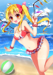 Rule 34 | 1girl, ball, beach, beachball, bikini, blonde hair, blue sky, bow, breasts, cleavage, cloud, day, fang, flandre scarlet, frilled bikini, frills, gradient background, hair bow, highres, indoor pool, medium breasts, navel, ocean, open mouth, outdoors, red bikini, red eyes, side ponytail, sky, smile, solo, standing, standing on one leg, swimsuit, touhou, water, wings, wrist cuffs, ymd (holudoun)