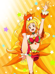 Rule 34 | 10s, 1girl, :d, adapted costume, alternate form, arm up, blonde hair, boots, brooch, choker, cure honey, cure honey (coconut samba), earrings, female pubic hair, happinesscharge precure!, heart, heart brooch, highres, jewelry, knee boots, kurohime kiryuu, leg up, long hair, magical girl, midriff, miniskirt, navel, oomori yuuko, open mouth, orange background, panties, pantyshot, precure, pubic hair, samba, skirt, smile, solo, striped, striped background, underwear, upskirt, white panties, wrist cuffs, yellow eyes