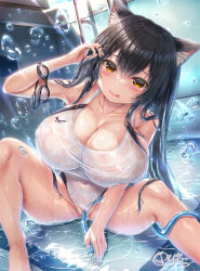 Rule 34 | 1girl, animal ears, armpits, bad id, bad twitter id, black hair, blush, breasts, bubble, cameltoe, cat ears, cat girl, cleavage, collarbone, competition school swimsuit, competition swimsuit, convenient censoring, crotch rub, feet out of frame, goggles, goggles around arm, unworn goggles, hair between eyes, holding, holding hose, hose, huge breasts, leaning forward, licking, licking lips, long hair, looking at viewer, naughty face, one-piece swimsuit, original, partially submerged, playing with own hair, pool, school swimsuit, see-through, signature, sitting, smile, spread legs, swimsuit, thighs, tongue, tongue out, unohana pochiko, water, wet, white one-piece swimsuit, yellow eyes