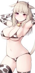 Rule 34 | 1girl, animal ears, animal print, armpits, arms up, bell, blush, breasts, choker, closed mouth, cow print, cow print bikini, elbow gloves, final fantasy, final fantasy xiv, gloves, heterochromia, large breasts, light brown hair, medium hair, miqo&#039;te, navel, neck bell, pink eyes, print bikini, purple eyes, red choker, rot lapin, sideboob, simple background, solo, standing, tail, thighhighs, thighs, underboob, warrior of light (ff14), white background