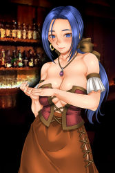 Rule 34 | 1girl, bare shoulders, blue eyes, blue hair, blurry, blurry background, blush, bow, breasts, cleavage, closed mouth, corset, cowboy shot, cross-laced clothes, dragon quest, dragon quest ix, earrings, frills, hair bow, highres, hoop earrings, indoors, jewelry, lace, large breasts, light smile, long hair, long skirt, looking at viewer, low ponytail, matching hair/eyes, own hands together, pendant, ponytail, ruida, sakuradou, shiny skin, skirt, sleeveless, smile, solo, standing, strapless