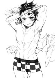 Rule 34 | 1boy, blush, boxer briefs, checkered briefs, earrings, greyscale, highres, jewelry, kamado tanjirou, kimetsu no yaiba, looking at viewer, male focus, male pubic hair, male underwear, monochrome, parted lips, print male underwear, pubic hair, scar, scar on face, scar on forehead, solo, sweat, toned, toned male, underwear, undressing