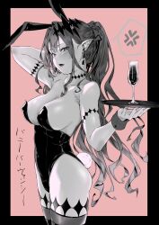 Rule 34 | 1girl, anger vein, animal ears, arm behind head, ass, baobhan sith (fate), black border, border, bow, breasts, champagne flute, cleavage, collarbone, covered erect nipples, covered navel, cowboy shot, cup, d:, drinking glass, earrings, fang, fate/grand order, fate (series), from side, hair bow, hair intakes, highres, holding, holding tray, jewelry, leotard, long hair, looking at viewer, looking to the side, medium breasts, monochrome, nishimi shin, open mouth, pink background, playboy bunny, pointy ears, ponytail, rabbit ears, rabbit tail, sideboob, sidelocks, solo, spoken anger vein, sweatdrop, tail, thighhighs, tray, very long hair, wrist cuffs