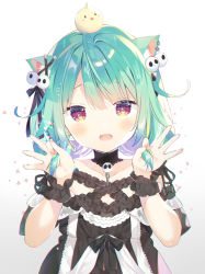 Rule 34 | 1girl, :d, animal, animal ears, animal on head, bare shoulders, bird, black bow, black dress, bow, cat ears, chick, collarbone, commentary request, dress, ear piercing, gradient background, green hair, grey background, hair between eyes, hair bow, hands up, holding, holding hair, hololive, kemonomimi mode, long hair, looking at viewer, off-shoulder dress, off shoulder, on head, open mouth, piercing, red eyes, smile, solo, upper body, uruha rushia, uruha rushia (3rd costume), virtual youtuber, white background, yuizaki kazuya
