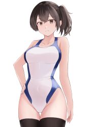 1girl absurdres alternate_costume beisaku_bei black_thighhighs blue_one-piece_swimsuit breasts brown_eyes brown_hair competition_swimsuit covered_navel highleg highleg_one-piece_swimsuit highres kaga_(kancolle) kantai_collection large_breasts multicolored_clothes multicolored_swimsuit one-piece_swimsuit short_sidetail side_ponytail solo swimsuit thighhighs two-tone_swimsuit white_one-piece_swimsuit