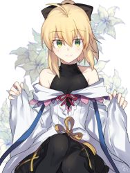 Rule 34 | 1girl, ahoge, artoria pendragon (fate), bare shoulders, black ribbon, blonde hair, cosplay, fate/grand order, fate/unlimited codes, fate (series), flower, green eyes, hair ribbon, lily (flower), looking at viewer, merlin (fate/stay night), merlin (fate/stay night) (cosplay), nikame, ponytail, ribbon, saber (fate), saber lily, short hair, smile, solo