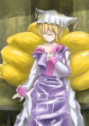 Rule 34 | 1girl, animal hat, bad id, bad pixiv id, blonde hair, closed eyes, dated, dress, fox tail, hat, hat with ears, highres, long sleeves, mob cap, multiple tails, off shoulder, mob cap, queruru, short hair, sitting, solo, tabard, tail, touhou, undressing, wide sleeves, yakumo ran