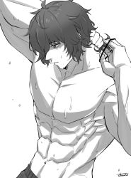 Rule 34 | 1boy, ahoge, arm up, collarbone, dripping, grey background, greyscale, hair over one eye, half-closed eyes, highres, holding, holding hair, kengan (series), kengan ashura, male focus, medium hair, messy hair, monochrome, muscular, muscular male, navel, parted lips, signature, simple background, solo, sunsirou, sweat, tokita ouma, topless male, tying hair