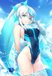 Rule 34 | 1girl, absurdres, aqua eyes, aqua hair, bare shoulders, blue jacket, blue nails, blue one-piece swimsuit, blue theme, bottle, breasts, competition swimsuit, covered navel, cowboy shot, eureka iris, groin, hair ornament, hand up, highleg, highleg swimsuit, highres, holding, jacket, kagachi saku, liver city, long hair, looking at viewer, medium breasts, multicolored hair, nail polish, off shoulder, official art, one-piece swimsuit, open clothes, open jacket, outdoors, parted lips, ponytail, second-party source, sidelocks, sky, smile, solo, standing, swimsuit, thighs, two-tone hair, very long hair, virtual youtuber, water, wet, white hair
