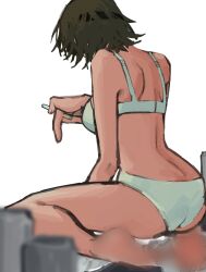 Rule 34 | 1girl, ass, back, beer can, black hair, blurry, blurry foreground, bra, breasts, can, censored, censored feet, chainsaw man, cigarette, drink can, highres, himeno (chainsaw man), holding, holding cigarette, liowig, medium breasts, panties, short hair, simple background, solo, underwear, white background, white bra, white panties