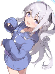 Rule 34 | 1girl, blue archive, blue halo, blue hoodie, blush, commentary request, drawstring, grey hair, halo, highres, hood, hood down, hoodie, long hair, long sleeves, miya kazutomo, miyako (blue archive), miyako (young) (blue archive), official alternate costume, one side up, open mouth, purple eyes, simple background, sleeves past wrists, solo, white background