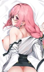 1girl 92m ass belt black_skirt blush breasts breasts_out collared_shirt dakimakura_(medium) high-waist_skirt highres large_breasts long_hair long_sleeves looking_at_viewer looking_back nipples off_shoulder pencil_skirt pink_hair purple_eyes shirt sidelocks skirt solo tsukishiro_yanagi white_shirt zenless_zone_zero