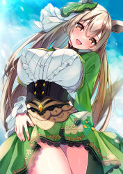 Rule 34 | 1girl, :d, animal ears, aonu koru, belt, blue sky, breasts, brown eyes, brown hair, commentary request, day, dress, green dress, hair between eyes, hair ornament, highres, horse ears, horse girl, horse tail, large breasts, long hair, looking at viewer, open mouth, outdoors, revision, satono diamond (umamusume), sky, smile, solo, standing, tail, thighs, umamusume, very long hair