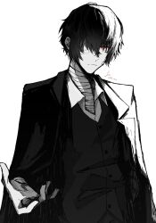Rule 34 | 1boy, bandage over one eye, bandaged neck, bandages, bungou stray dogs, closed mouth, collared shirt, cowboy shot, dazai osamu (bungou stray dogs), greyscale, highres, jacket, jacket on shoulders, lie nnn, looking at viewer, male focus, monochrome, red eyes, shirt, short hair, simple background, solo, spot color, standing, vest