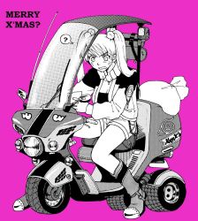 Rule 34 | 1girl, ?, bag, blush, boots, breasts, cleavage, confused, english text, facial mark, full body, genderswap, genderswap (mtf), hair ornament, hair tie, honda, honda gyro, honda gyro canopy, jacket, jewelry, konohagakure symbol, large breasts, long hair, long sleeves, looking down, monochrome, motor vehicle, naruko (naruto), naruto, naruto (series), necklace, note, on vehicle, onemu hormone, open clothes, open jacket, open mouth, pink background, purple background, reading, scooter, sexy no jutsu, shirt, shorts, sitting, solo, thought bubble, three-wheeler, tricycle, trike, twintails, uzumaki naruto, vehicle, whisker markings, whiskers