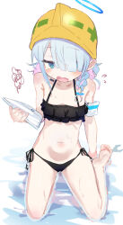 Rule 34 | 1girl, @ @, absurdres, alternate costume, arm behind back, armpit crease, arona (blue archive), barefoot, bikini, blue archive, blue eyes, blue hair, blunt bangs, blush, commentary, eyelashes, feet, flat chest, frilled bikini, frills, full body, hair over one eye, hard hat, helmet, highres, holding, kilabo, light blue hair, long hair, multicolored hair, navel, open mouth, pink hair, sidelocks, sitting, soles, solo, stomach, streaked hair, swimsuit, tablet pc, thighs, toes, wariza, wet, yellow headwear