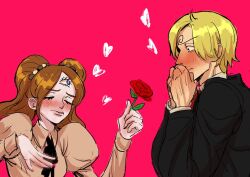 Rule 34 | 1boy, 1girl, black jacket, blonde hair, blue eyes, blush, brown hair, brown shirt, charlotte pudding, closed eyes, closed mouth, commentary, couple, covering own mouth, curly eyebrows, facial hair, flower, full-face blush, hair ornament, hair over shoulder, heart, hetero, highres, holding, holding flower, jacket, juliet sleeves, lips, long hair, long sleeves, looking at another, one piece, own hands together, pink background, puffy sleeves, red flower, red rose, rita ya, rose, sanji (one piece), shirt, short hair, third eye, twintails