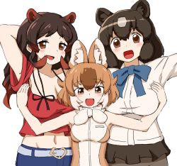 Rule 34 | 3girls, :d, animal ears, arm up, armpits, arms behind head, bare arms, bare shoulders, bear ears, behind another, belt, bike shorts, bike shorts under skirt, black hair, blouse, bow, bowtie, breasts, brown bear (kemono friends), brown eyes, brown hair, cleavage, commentary request, dhole (kemono friends), dog ears, extra ears, grey hair, hand on another&#039;s chest, hands up, height difference, hippopotamus (kemono friends), hippopotamus ears, kemono friends, large breasts, light brown hair, long hair, looking at viewer, medium hair, microskirt, midriff, multicolored hair, multiple girls, navel, official alternate costume, open mouth, red hair, shirt, short sleeves, sidelocks, simple background, skirt, sleeveless, sleeveless shirt, smile, stomach, two-tone hair, volfogg asagi, white background, white hair