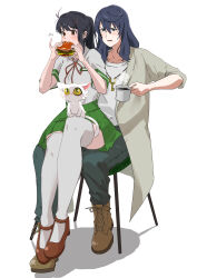 Rule 34 | 1boy, 1girl, absurdres, age difference, ahoge, animal, animal on lap, annoyed, antenna hair, artist name, biting, black hair, black pants, blue eyes, blush, breasts, brown eyes, brown footwear, burger, cat, cat on lap, chair, coffee, coffee mug, collarbone, colored sclera, commentary, cup, daijin (suzume), dress shirt, drink, eating, food, full body, green eyes, green jacket, green skirt, hair between eyes, hair ornament, hair strand, hairclip, highres, holding, holding cup, holding drink, holding food, iwato suzume, jacket, jewelry, key, key necklace, knee up, long hair, looking ahead, looking at another, looking up, mary janes, medium breasts, mug, munakata souta, narrowed eyes, necklace, on chair, on lap, pants, parted lips, pinky out, pleated skirt, pocket, ponytail, qto toto, red ribbon, ribbon, school uniform, sesame seeds, shadow, shirt, shoes, short sleeves, signature, single sidelock, sitting, sitting on lap, sitting on person, skirt, sleeves rolled up, slit pupils, steam, suzume no tojimari, sweatdrop, t-shirt, thighhighs, translated, twitter username, white cat, white shirt, white thighhighs, work boots, yellow sclera