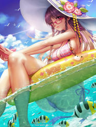 Rule 34 | 1girl, 2010, 2014, afloat, araki keika, ass, bikini, bird, braid, breasts, brown hair, cloud, company name, day, dutch angle, fish, flower, from side, furyou michi ~gang road~, glasses, gradient hair, hair ribbon, handheld game console, hat, hat flower, highres, innertube, light rays, lips, long hair, looking at viewer, multicolored hair, ocean, osuk2, outdoors, partially submerged, partially underwater shot, pink-framed eyewear, purple hair, red eyes, ribbon, side-tie bikini bottom, side braid, side braids, sideboob, sky, solo, sparkle, striped bikini, striped clothes, sun hat, sunbeam, sunlight, swim ring, swimsuit, twin braids, underwater, water