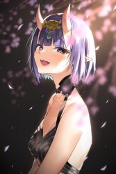 Rule 34 | 1girl, bad id, bad pixiv id, bare shoulders, blush, bob cut, breasts, cherry blossoms, collarbone, eyeliner, fangs, fate/grand order, fate (series), headpiece, highres, horns, looking at viewer, makeup, oni, open mouth, petals, pointy ears, purple eyes, purple hair, ran s200, revealing clothes, short eyebrows, short hair, shuten douji (fate), sidelighting, skin-covered horns, small breasts, smile, solo