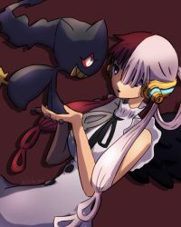 Rule 34 | 1girl, 1other, absurdres, banette, behind-the-head headphones, breasts, creatures (company), crossover, dress, game freak, gen 3 pokemon, hair rings, headphones, highres, long hair, multicolored hair, neck ribbon, nintendo, one piece, open mouth, pokemon, pokemon (creature), purple eyes, red hair, ribbon, simple background, split-color hair, teeth, thighs, trait connection, twitter username, two-tone hair, uta (one piece), very long hair, white dress, white hair, yu (pocketsun636)