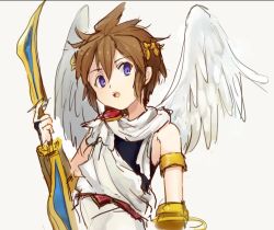 Rule 34 | 1boy, ancient greek clothes, angel wings, bow (weapon), bracer, brown hair, gauntlets, greco-roman clothes, himation, kid icarus, laurel crown, looking at viewer, male focus, myuu1995, nintendo, pit (kid icarus), purple eyes, simple background, sleeveless, toga, torso, weapon, wings