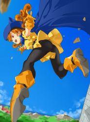 Rule 34 | 1girl, :d, absurdres, alena (dq4), ankle boots, ass, black pantyhose, blue cape, blue hat, blue sky, boots, breasts, cape, cloud, curly hair, day, dragon quest, dragon quest iv, dress, earrings, gloves, hat, highres, jewelry, legs apart, long hair, midair, mountain, ocean, open mouth, orange footwear, orange gloves, orange hair, outdoors, outstretched arms, panties, panties under pantyhose, pantyhose, pretty-purin720, red eyes, short dress, short sleeves, sky, small breasts, smile, solo, teeth, underwear, yellow dress