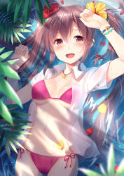 Rule 34 | 1girl, :d, alexmaster, bikini, blush, bracelet, breasts, brown eyes, brown hair, crescent, dress shirt, flower, hair flower, hair ornament, hibiscus, highres, jewelry, long hair, looking at viewer, lying, md5 mismatch, navel, necklace, open clothes, open mouth, open shirt, original, partially submerged, pendant, petals, red bikini, see-through, shiny skin, shirt, side-tie bikini bottom, smile, solo, star (symbol), star necklace, string bikini, swimsuit, twintails, wet, wet clothes
