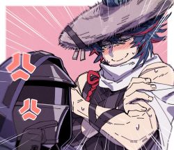 Rule 34 | 1boy, 1other, anger vein, arknights, black gloves, blue hair, blush, brown eyes, brown headwear, commentary request, crossed arms, doctor (arknights), empty eyes, facial hair, gloves, hat, hood, hood up, male focus, mr. nothing (arknights), mr. nothing (pale rising moon) (arknights), multicolored hair, nagiko (mangalove1111), nose blush, official alternate costume, red hair, simple background, sleeveless, smile, stubble, sweat, tears, two-tone background