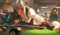 Rule 34 | 2boys, 8-ball, akai 999, animal ears, arknights, ball, bent over, billiard ball, billiards, black gloves, black hair, character request, cue stick, gloves, grey hair, hair between eyes, highres, holding cue stick, indoors, jacket, lamp, leaning forward, leopard boy, leopard ears, multiple boys, on table, pool table, shirt, silverash (arknights), table, white shirt