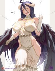 Rule 34 | 1girl, :d, ahoge, albedo (overlord), artist logo, artist name, arttoru, bare hips, bare shoulders, black feathers, black hair, black wings, blush, breasts, cleavage, collarbone, cowboy shot, demon girl, demon horns, demon wings, dress, elbow gloves, feathered wings, feathers, gloves, hair between eyes, highres, hip vent, horns, huge breasts, long hair, looking at viewer, low horns, low wings, open mouth, overlord (maruyama), patreon username, simple background, slit pupils, smile, solo, thighs, very long hair, white dress, white gloves, white horns, wings, yellow eyes