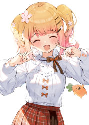 Rule 34 | 1girl, :d, blonde hair, blush, closed eyes, commentary request, facing viewer, fang, flower, gradient hair, hair flower, hair ornament, hairclip, hana mori, hands up, highres, hololive, long sleeves, momosuzu nene, momosuzu nene (casual), multicolored hair, nekko (momosuzu nene), open mouth, pink flower, pink hair, plaid, plaid skirt, pointing, pointing at self, puffy long sleeves, puffy sleeves, red skirt, shirt, short hair, sidelocks, simple background, skirt, smile, twintails, virtual youtuber, white background, white shirt
