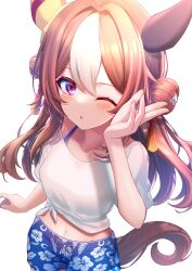 Rule 34 | 1girl, absurdres, animal ears, aoi (07aoi15), blush, breasts, brown hair, copano rickey (umamusume), cowboy shot, dot nose, double bun, ear covers, from above, gaze on me! outfit (umamusume), hair bun, hair ornament, hand up, highres, horse ears, horse girl, horse tail, long hair, male swimwear, midriff, multicolored hair, navel, one eye closed, open mouth, purple eyes, shirt, small breasts, solo, standing, streaked hair, swim trunks, tail, tassel, tassel hair ornament, tied shirt, umamusume, white background, white shirt