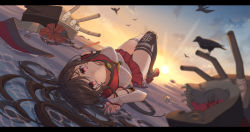 Rule 34 | 1girl, absurdres, armband, bird, black thighhighs, breasts, brown hair, cannon, cherry blossoms, clothes writing, damaged, detached sleeves, flower, hair flower, hair ornament, headgear, highres, hip vent, kantai collection, letterboxed, long hair, long sleeves, lying, medium breasts, miniskirt, ocean, oil-paper umbrella, on back, pleated skirt, ponytail, red eyes, red skirt, red umbrella, rigging, sakuramon, single thighhigh, skirt, solo, thighhighs, tokikouhime, turret, umbrella, white sleeves, yamato (kancolle), yamato kai (kancolle), z flag